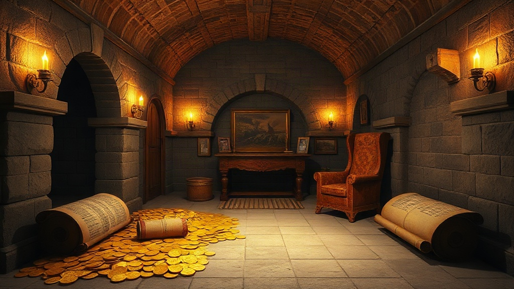 Ancient bank vault with gold and ledgers